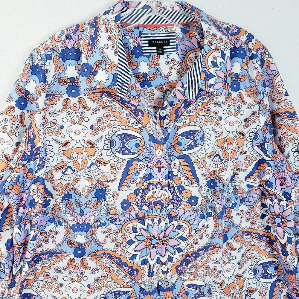 NWOT Talbots Classic Cotton Shirt Button-Up Royal Palm Paisley Floral size 1X